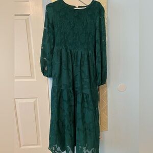 Emerald Green Maxi dress long sleeve Lace Print modest dress wedding guest dress